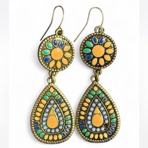 Retro Boho Dangle Earrings | Vintage Enamel Floral & Teardrop Design | Gold Tone